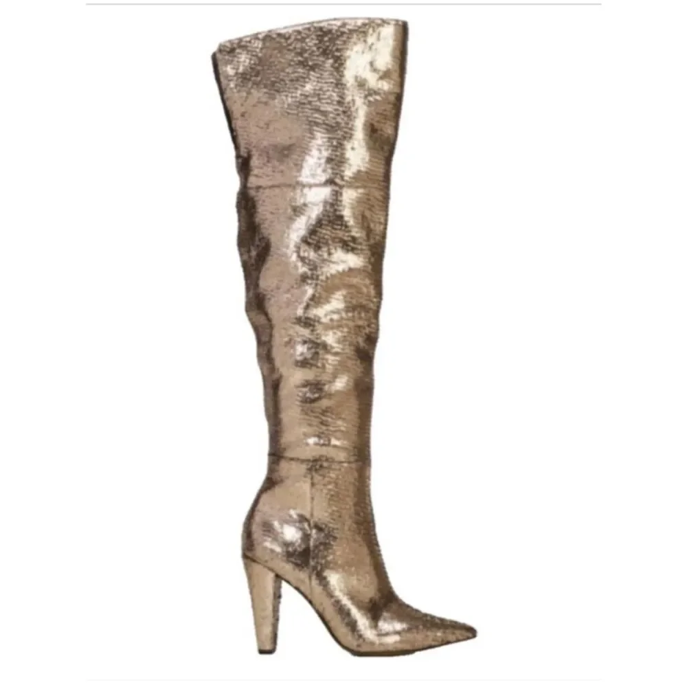 Vince Camuto Minnada Over The Knee Boots in Warm Pewter Met Cut Gem Size 6.5